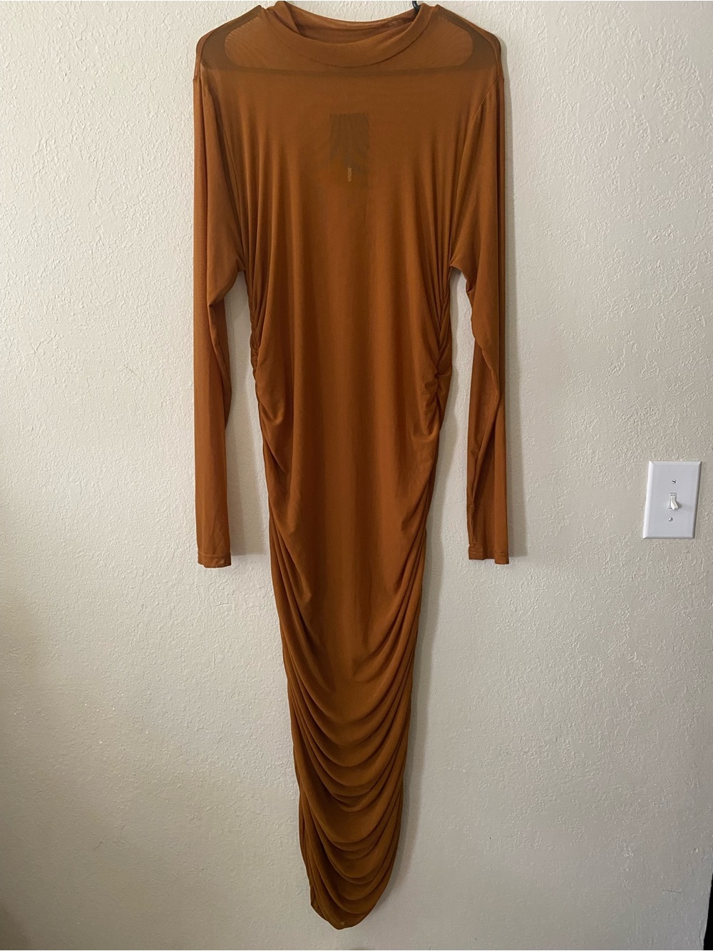 Fashion Nova Free Bird Tan Brown Sheer Long Sleeve Ruched Midi Dress NWTs - Picture 2 of 14